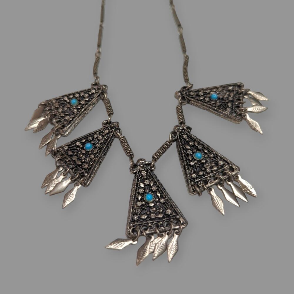 Vintage Silver and Turquoise Geometric Dangle Necklace